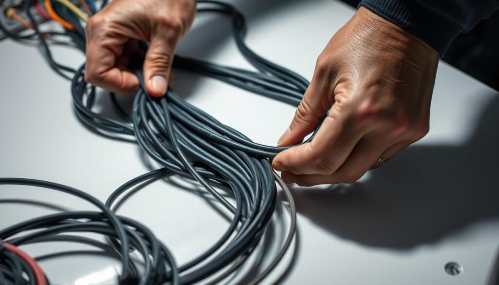 A well-lit, close-up view of a technician's hands carefully arranging and connecting a series of electrical cables. The cables are of varying thicknesses and colors, neatly organized and coiled on a clean, white surface. The focus is on the intricate process of preparing the cables for a larger electrical system, with a sense of precision and attention to detail. The lighting casts soft shadows, highlighting the textures and materials. The overall mood is one of focused concentration and technical expertise.