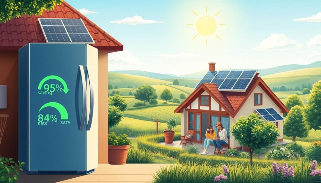A well-lit, detailed illustration of a family home with solar panels on the roof, surrounded by lush greenery and a scenic landscape. The foreground showcases an energy-efficient home appliance, such as a refrigerator or washing machine, with a prominent display of energy savings metrics. The middle ground features a family engaged in domestic activities, exemplifying the convenience and cost-savings of self-consumption. The background depicts a serene countryside setting, with rolling hills, a clear sky, and the sun shining brightly to emphasize the renewable energy source. The overall composition conveys a sense of financial prudence, environmental consciousness, and harmonious living through solar self-consumption.