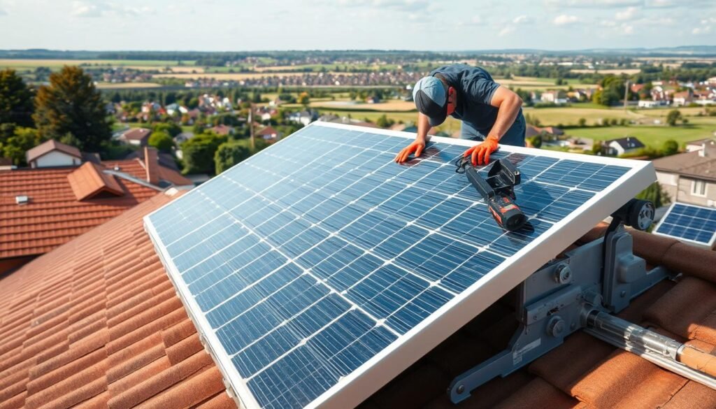 A well-lit, detailed scene showcasing the installation of a solar panel system. The foreground features a technician carefully aligning the solar panels on a rooftop, utilizing specialized tools and equipment. The middle ground depicts the mounting hardware and wiring infrastructure, highlighting the technical complexity of the setup. In the background, a scenic vista of a suburban neighborhood or countryside setting, emphasizing the integration of renewable energy into the natural environment. The overall mood is one of precision, expertise, and the harmonious coexistence of technology and nature.