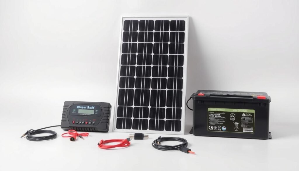 A well-lit, high-quality photograph of a 12V solar panel kit arranged on a clean, neutral background. The kit should include a solar panel, charge controller, battery, and necessary cables and connectors. The solar panel should be shown in detail, highlighting its sleek design, high-efficiency solar cells, and sturdy frame. The charge controller and battery should be prominently displayed, showcasing their technical specifications and compatibility. The overall composition should convey a sense of quality, reliability, and functionality, perfectly suited for the article's subject matter.