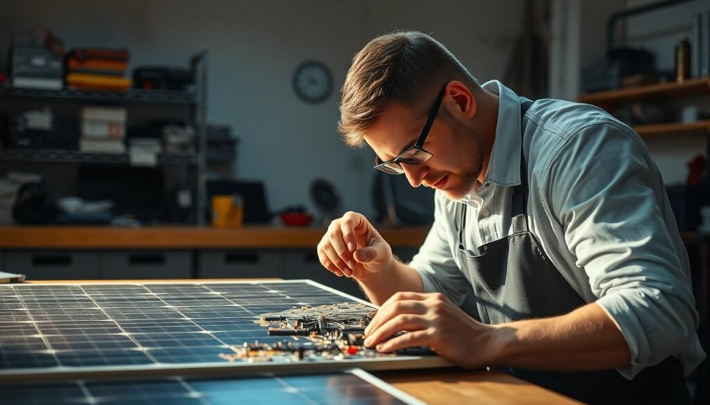 A well-lit workshop interior, with a technician meticulously examining a damaged solar panel on a workbench. In the background, a rack of spare parts and tools, casting warm shadows. Soft, diffused lighting highlights the intricate circuitry and materials of the panel, as the technician carefully manipulates it, evaluating the extent of the damage. The scene conveys a sense of skilled craftsmanship and attention to detail, with the goal of restoring the panel to full functionality.