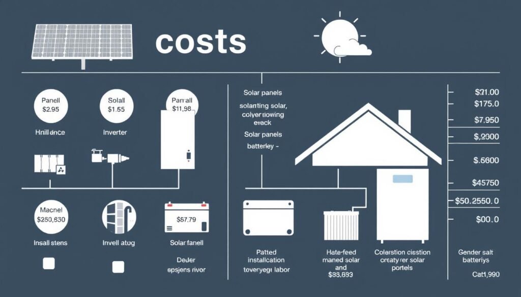 Detailed cost analysis of a solar installation. A comprehensive overview of the various components and their associated expenses, including solar panels, inverters, batteries, installation labor, and other related costs. The image should convey a sense of careful financial planning and attention to detail, with a clean, professional aesthetic. Showcase the key elements in a clear, organized manner, using a neutral color palette and a balanced composition to emphasize the analytical nature of the subject matter.