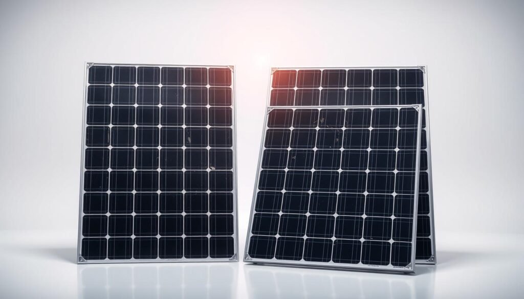 Detailed diagnostic photovoltaic panels, shot in a high-contrast, technical lighting setup. The panels are positioned in the foreground, with a clean, minimalist background. The image should convey a sense of precision and professionalism, suitable for an article on solar panel repair. The panels should be shown from multiple angles, highlighting their internal components and any potential damage or issues. Emphasis on clarity, sharpness, and a focus on the technical details that would be relevant for diagnosis and repair.