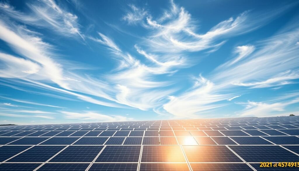 Detailed rendering of a solar panel array showcasing its financial viability. A large, expansive solar farm occupies the foreground, with numerous sleek, modern panels neatly arranged and angled to maximize sunlight exposure. The background features a vibrant blue sky with wispy white clouds, creating a serene, picturesque atmosphere. Dramatic lighting casts long shadows across the panels, emphasizing their scale and efficiency. The scene conveys a sense of clean, renewable energy generation and the potential for substantial financial returns through well-designed solar installations. Crisp, high-resolution details allow for a clear visualization of the panels' construction and performance.