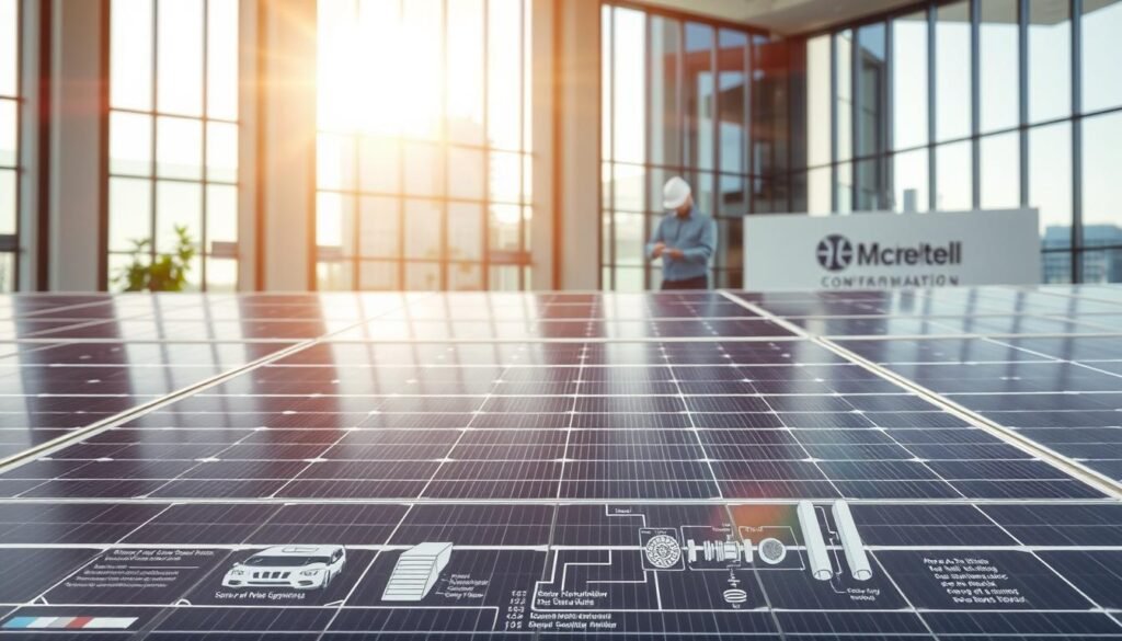 Dimensionnement installation photovoltaïque: a sleek, modern solar panel array set against a backdrop of a professional office building. Sunlight streams in through large windows, casting warm, natural lighting across the scene. In the foreground, a detailed diagram of the solar panel system lays out the technical specifications and layout, showcasing the optimal placement and capacity for maximum energy generation. The middle ground features engineers and technicians carefully examining the system, ensuring proper installation and efficiency. In the background, the company logo and branding subtly communicate the context of this renewable energy project, designed to optimize the building's energy usage and reduce its carbon footprint. The overall mood is one of innovation, sustainability, and a forward-thinking approach to managing a business's energy needs.