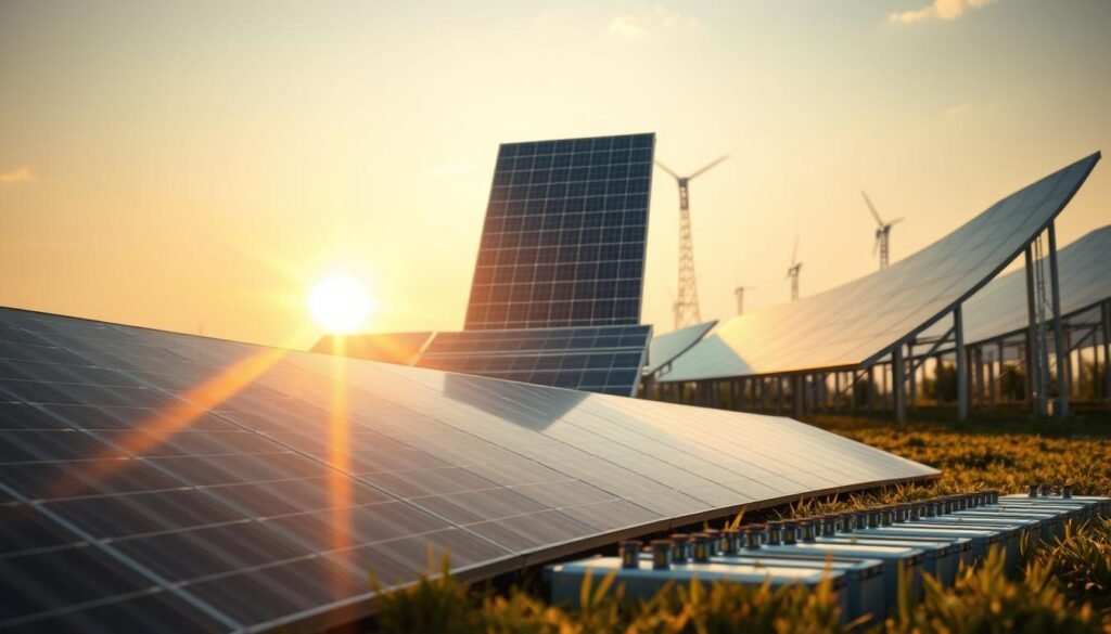Innovative solar energy technologies: a striking visual representation. In the foreground, sleek, next-generation solar panels capture the sun's radiance, their angular designs hinting at advanced efficiency. The middle ground showcases cutting-edge energy storage solutions, batteries and capacitors pulsing with latent power. In the background, towering solar arrays stand as monuments to renewable progress, their sweeping geometries casting dynamic shadows across the scene. Soft, warm lighting illuminates the technologies, conveying a sense of cutting-edge innovation and environmental harmony. The overall composition emphasizes the form, function, and potential of these pioneering solar energy advancements.