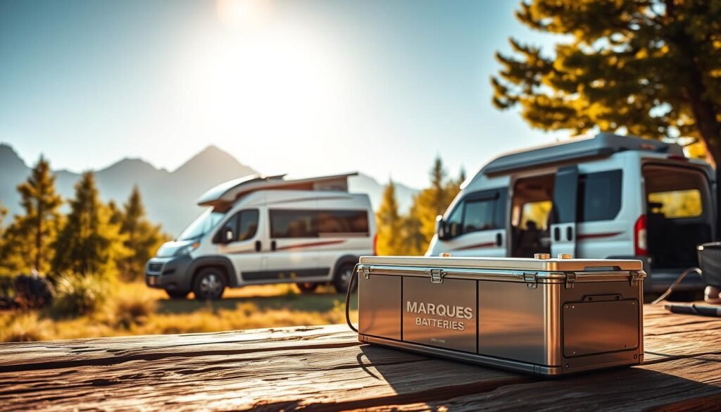 Marques batteries camping-car: a high-quality, state-of-the-art lithium-ion battery pack powering an off-grid adventure vehicle. In the foreground, the battery sits atop a rugged, weathered picnic table, its sleek, metallic casing gleaming under warm, golden sunlight. In the middle ground, the camper van itself, a modern, aerodynamic design with solar panels on the roof, parked amidst lush, verdant foliage. The background features a serene, mountainous landscape, with towering peaks and a clear, azure sky. The scene conveys a sense of tranquility, self-sufficiency, and the joy of outdoor exploration, powered by the reliable Marques battery.