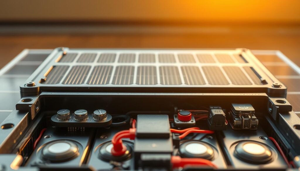 A close-up shot of an open solar battery pack, with the interior components meticulously detailed. The foreground showcases the battery cells, their terminals, and the circuitry that regulates the charge and discharge cycles. The middle ground reveals the housing structure, with vents and cooling elements to maintain optimal operating temperatures. In the background, a diffused lighting setup casts a warm, natural glow, highlighting the intricate textures and materials used in the battery's construction. The overall mood is one of technical precision and attention to detail, conveying the importance of proper maintenance and care for this essential off-grid power source.