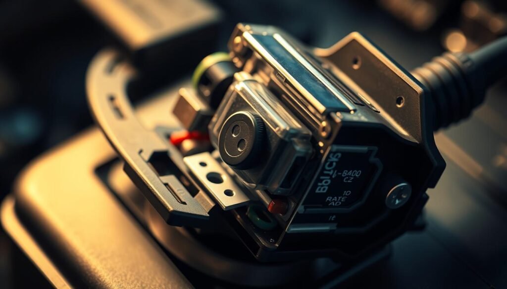 A detailed close-up shot of a 12V car battery charger regulator, showcasing its inner workings and intricate electronic components. The regulator is illuminated by a soft, warm light, casting subtle shadows that accentuate its mechanical details. The image has a technical, yet visually appealing aesthetic, with a focus on the regulator's core functionality and design. The background is blurred, allowing the regulator to be the central point of interest. The overall tone is one of precision, efficiency, and the importance of this crucial component in the battery charging process.