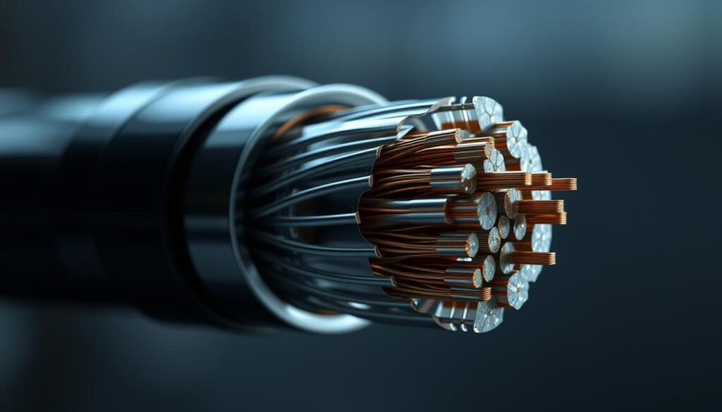 A detailed cross-section of a cable assembly, showcasing the intricate network of wires and insulation that make up the power transmission system. Rendered in a realistic, technical style with precise lighting and depth of field, emphasizing the complex energy flow and potential energy losses through the cabling. The scene should have a muted, industrial color palette, capturing the practical, utilitarian nature of the subject matter. Carefully consider the angles and perspectives to best illustrate the key features and challenges related to energy efficiency in battery charging systems.
