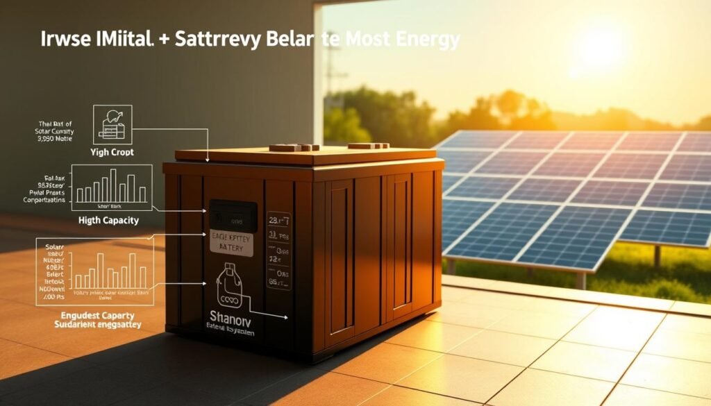 A detailed illustration depicting the ideal battery storage capacity for a solar power system. A large, high-capacity battery bank takes center stage, surrounded by technical schematics and diagrams showcasing its key specifications and performance metrics. The battery is illuminated by warm, natural lighting, casting subtle shadows that accentuate its sleek, modern design. In the background, a serene solar panel array stretches out, harnessing the sun's energy to power the entire system. The overall scene conveys a sense of balance, efficiency, and the optimal integration of renewable energy technologies.