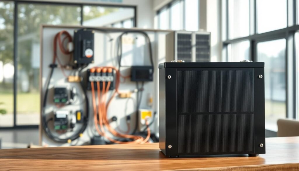 A detailed image of a solar battery system in a well-lit, modern interior setting. In the foreground, a sleek, rectangular solar battery pack stands prominently on a wooden table or shelf, its clean lines and metallic accents catching the light. In the middle ground, various electrical components and wiring are neatly organized, suggesting a well-designed and functional system. The background features large windows or glass walls, allowing natural daylight to flood the space and highlighting the sustainable energy solution. The overall mood is one of efficiency, technology, and environmental consciousness, reflecting the importance of choosing the right battery for a solar installation.