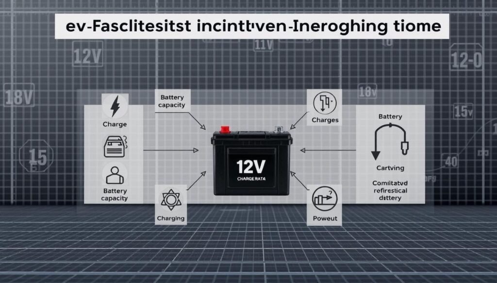 A detailed schematic diagram depicting the key factors influencing battery charging time. In the foreground, a 12V battery is prominently displayed, surrounded by various icons and diagrams illustrating the charge rate, battery capacity, charging current, and power source. The middle ground features a clean, technical layout with clear labeling of these influential factors. In the background, a subtle grid pattern or technical blueprint style provides context and depth. The overall scene has a sleek, minimalist aesthetic with a focus on conveying technical information in a visually appealing and informative manner.