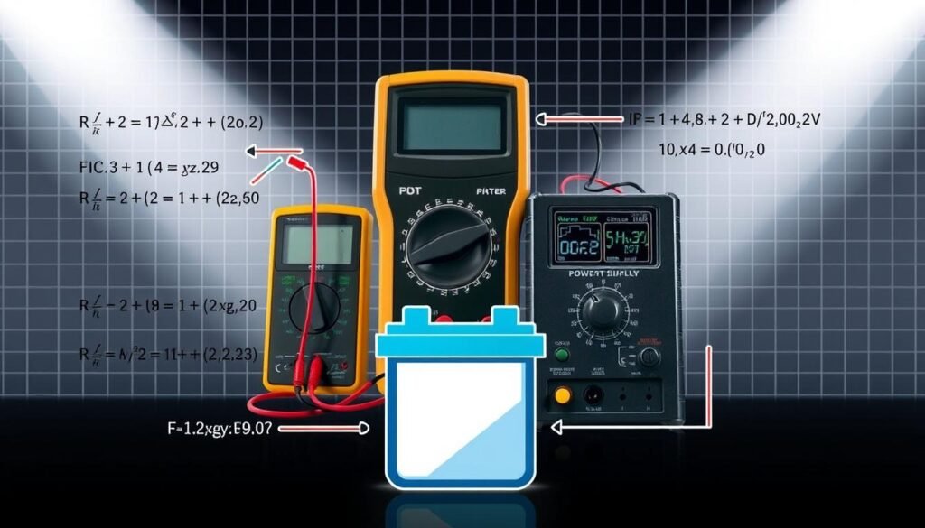 A detailed technical diagram depicting the process of calculating the charge time for a 12V battery. In the foreground, a battery icon is prominently displayed, surrounded by mathematical equations and formulas. In the middle ground, a digital multimeter and a power supply are shown, with their readings and settings clearly visible. The background features a grid-like pattern, suggesting the technical nature of the subject matter. The lighting is clean and crisp, with a slightly industrial feel, emphasizing the precision and accuracy required for this calculation. The overall composition is balanced and symmetrical, guiding the viewer's eye through the key elements needed to determine the battery charge time.