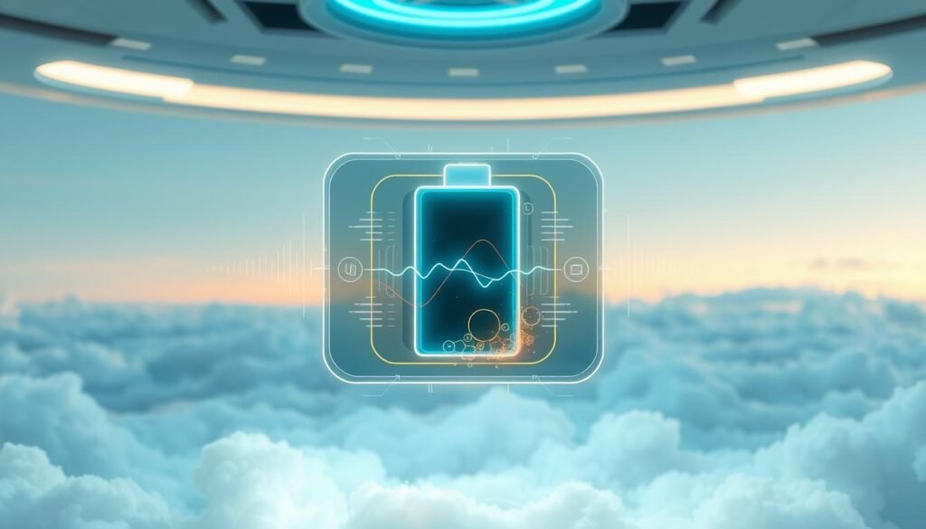 A futuristic and ethereal digital energy storage system, showcasing a virtual battery interface floating in a serene, minimalist environment. The foreground features a glowing, holographic battery cell pulsing with dynamic energy flows, surrounded by a sleek, transparent control panel. The middle ground depicts a serene, cloud-like backdrop, with gentle lighting and a sense of weightlessness. The background suggests a vast, technological landscape, with subtle hints of interconnected systems and a futuristic interface. The overall mood is one of innovation, clean energy, and a seamless integration of digital and physical power storage solutions.