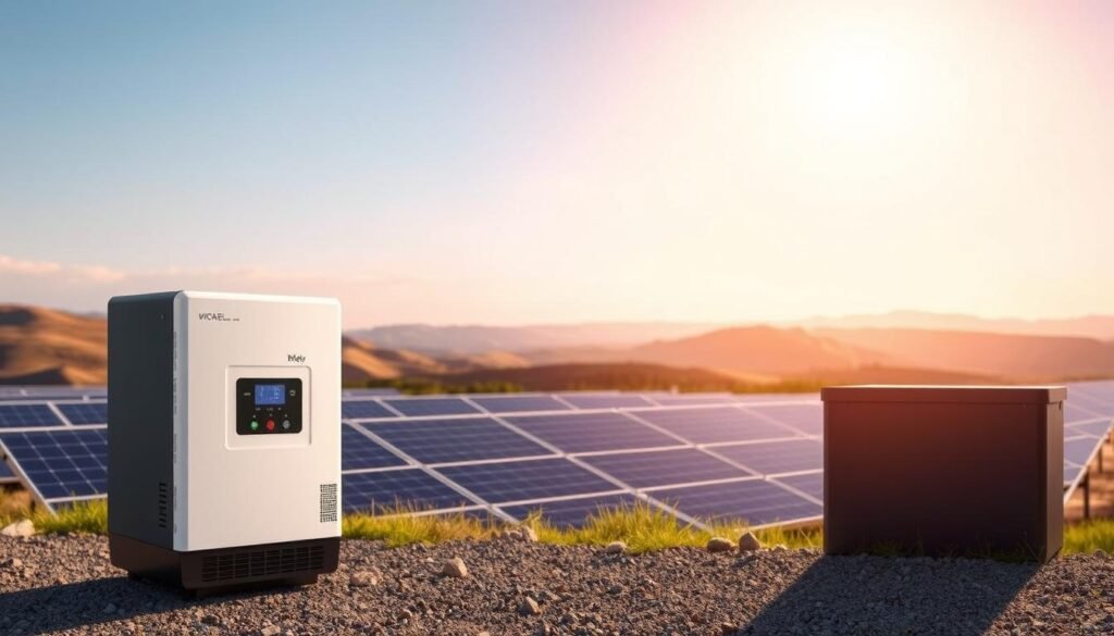 A harmonious blend of cutting-edge technology, showcasing the advantages of combining micro-inverters and battery storage. In the foreground, a sleek micro-inverter unit and a lithium-ion battery bank stand side by side, their streamlined designs conveying efficiency and innovation. The middle ground features an expansive solar panel array, harnessing the sun's energy and feeding it into the integrated system. In the background, a serene landscape of rolling hills and a clear, azure sky create a tranquil, sustainable atmosphere. Warm, diffused lighting illuminates the scene, highlighting the seamless integration of these complementary technologies. The overall composition communicates the benefits of this powerful pairing: increased energy independence, maximized renewable energy generation, and a reduced carbon footprint. A harmonious blend of cutting-edge technology, showcasing the advantages of combining micro-inverters and battery storage. In the foreground, a sleek micro-inverter unit and a lithium-ion battery bank stand side by side, their streamlined designs conveying efficiency and innovation. The middle ground features an expansive solar panel array, harnessing the sun's energy and feeding it into the integrated system. In the background, a serene landscape of rolling hills and a clear, azure sky create a tranquil, sustainable atmosphere. Warm, diffused lighting illuminates the scene, highlighting the seamless integration of these complementary technologies. The overall composition communicates the benefits of this powerful pairing: increased energy independence, maximized renewable energy generation, and a reduced carbon footprint.