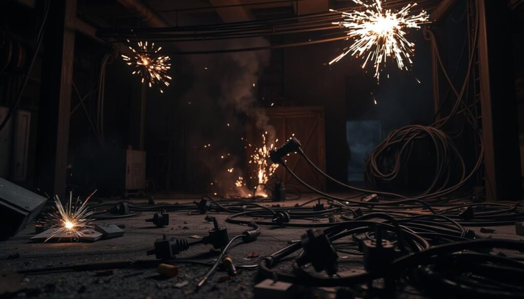 A high-voltage electrical circuit with visible sparks and arcs, casting a dramatic, ominous glow across a dark, industrial setting. In the foreground, exposed wires and damaged electrical components lie scattered, hinting at the potential dangers. The middle ground features a complex tangle of cables and conduits, while the background is shrouded in shadows, emphasizing the hazardous, unpredictable nature of the scene. Dramatic lighting creates deep shadows and highlights the hazardous voltage, conveying the gravity of the "risques électriques" through a tense, foreboding atmosphere.