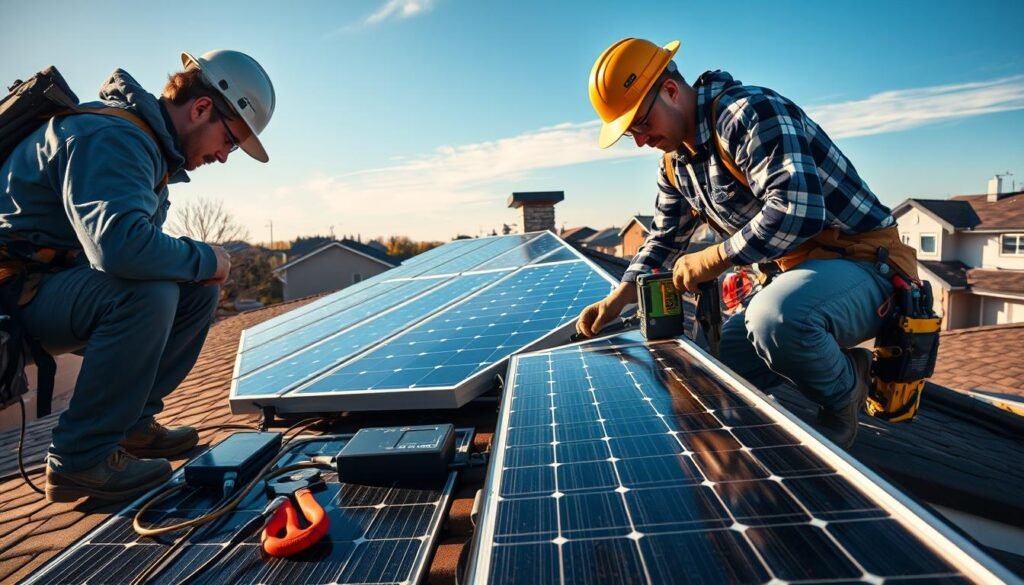 A photorealistic image of a residential rooftop solar panel installation, showcasing the technical challenges and solutions. The foreground features a skilled technician working on the electrical connections, with various tools and equipment visible. The middle ground depicts the solar panels themselves, meticulously arranged to maximize efficiency, with a focus on the micro-inverters and battery storage system integrated into the setup. The background shows the surrounding neighborhood, with a clear blue sky and soft, natural lighting illuminating the scene. The overall mood conveys a sense of precision, problem-solving, and the successful integration of renewable energy technology into a residential setting. A photorealistic image of a residential rooftop solar panel installation, showcasing the technical challenges and solutions. The foreground features a skilled technician working on the electrical connections, with various tools and equipment visible. The middle ground depicts the solar panels themselves, meticulously arranged to maximize efficiency, with a focus on the micro-inverters and battery storage system integrated into the setup. The background shows the surrounding neighborhood, with a clear blue sky and soft, natural lighting illuminating the scene. The overall mood conveys a sense of precision, problem-solving, and the successful integration of renewable energy technology into a residential setting.