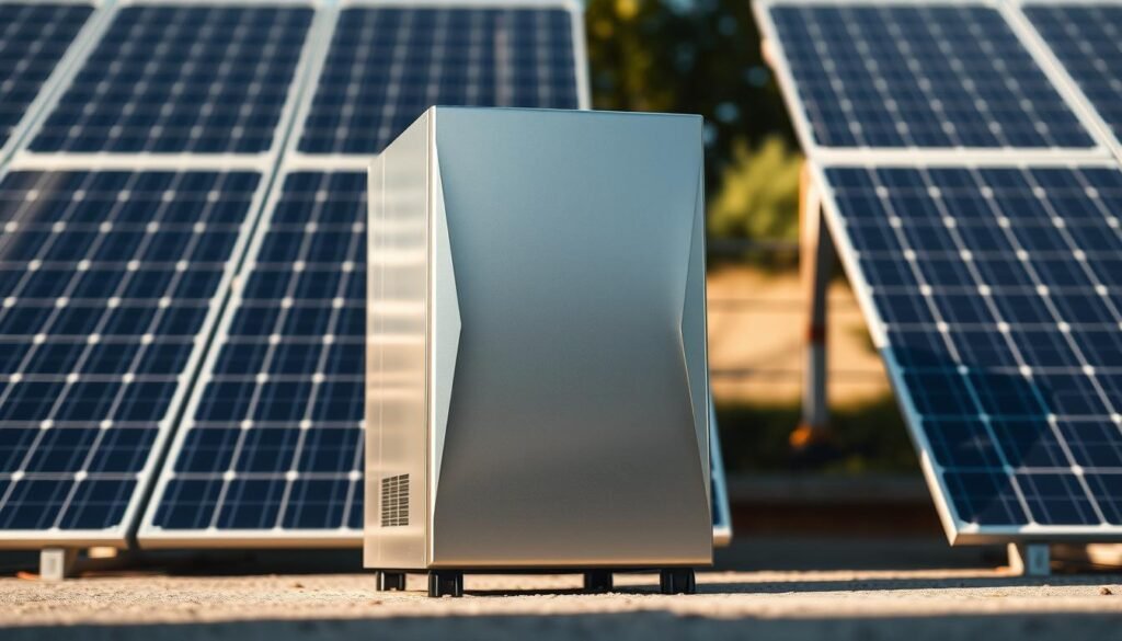 A sleek, modern onduleur (power inverter) stands prominently in the foreground, its clean lines and metallic finish gleaming under soft, diffused lighting. The device is positioned against a backdrop of solar panels, neatly arranged and casting long shadows that create a sense of depth and scale. The overall atmosphere is one of efficiency and technological prowess, perfectly capturing the essence of integrating a power inverter into a solar energy installation. The camera angle is slightly elevated, giving the viewer a sense of authority and control over the scene. The image exudes a sense of sophistication and attention to detail, reflecting the technical expertise required to properly dimension a solar and battery system.