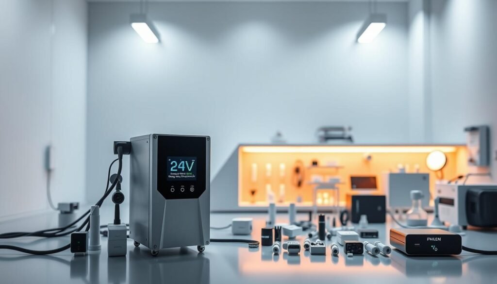 A sleek, modern power distribution system set against a clean, minimalist background. In the foreground, a central 24V power supply unit with a digital display showcasing its energy efficiency metrics. Surrounding it, an array of 24V-powered devices - LED lights, sensors, and controllers - all seamlessly integrated. The middle ground features clean, geometric architectural elements in shades of grey, white, and blue, hinting at the sophisticated engineering behind the 24V system. In the background, a softly lit, high-tech laboratory environment, conveying the cutting-edge nature of the technology. Warm, directional lighting casts subtle shadows, emphasizing the precision and efficiency of the 24V design. An overall sense of technological sophistication, power, and energy-saving capability permeates the scene.
