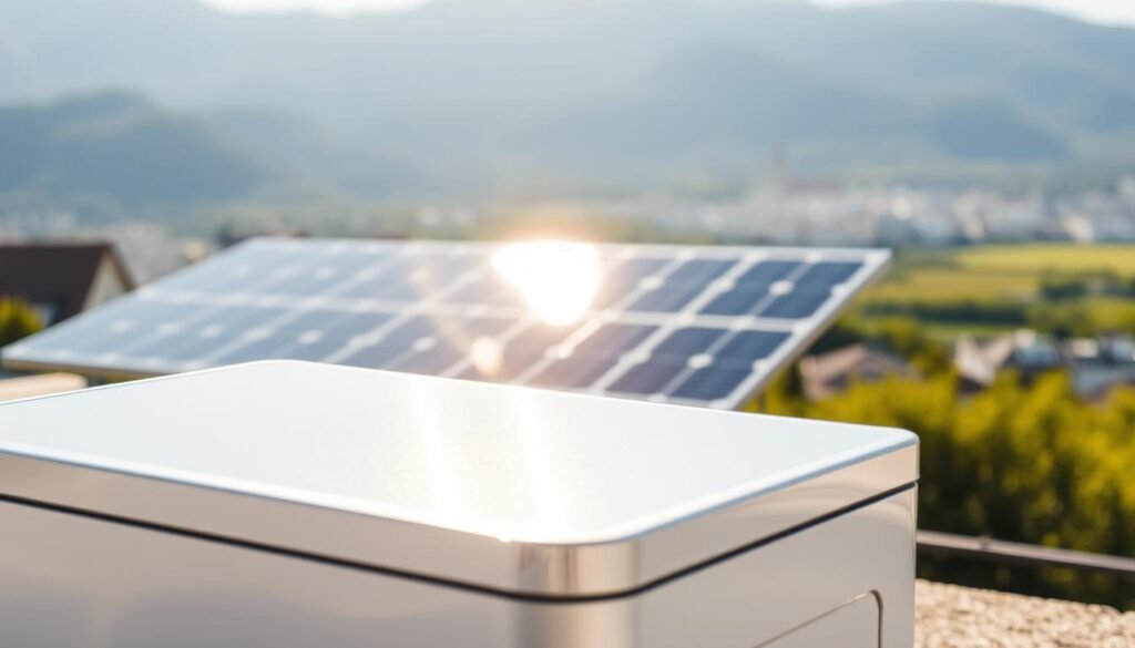 A sleek, modern solar battery bank, its gleaming panels reflecting the warm glow of the sun. The foreground showcases the battery's compact, streamlined design, with clean lines and a minimalist aesthetic. The middle ground reveals the array of solar panels, angled precisely to capture maximum sunlight, their surfaces shimmering with a crystalline sheen. In the background, a softly blurred cityscape or natural landscape provides an idyllic setting, hinting at the battery's off-grid potential. The lighting is crisp and natural, casting subtle shadows that accentuate the battery's form. The overall mood is one of efficiency, technology, and environmental harmony, capturing the essence of the "best solar batteries for 2025" as described in the article.