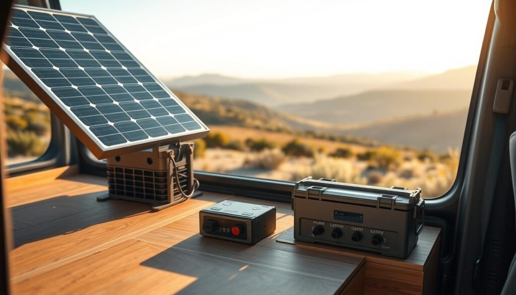 A well-designed solar-powered energy system for a van, captured in a photorealistic rendering. The foreground showcases a compact, efficient solar panel array securely mounted on the van's roof, angled to maximize sun exposure. The middle ground features a sleek, weatherproof battery bank integrated into the van's interior, with various input and output ports for powering devices. In the background, a panoramic view of a serene, natural landscape sets the mood, with soft, natural lighting illuminating the scene. The overall composition conveys a sense of self-sufficient, off-grid adventure, perfectly suited for the van-dwelling lifestyle.