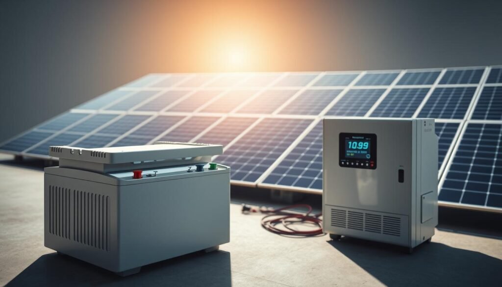 A well-lit, high-angle shot of a modern, sleek energy storage battery system. The foreground features the battery bank, with its clean, minimalist design and colorful LED indicators. The middle ground showcases the battery management system, with its intuitive digital display and touch controls. In the background, a neatly organized array of solar panels gently curves to catch the sun's rays, symbolizing the renewable energy source powering the storage system. The overall scene conveys a sense of efficiency, sustainability, and technological advancement, reflecting the cutting-edge solutions available for managing excess solar energy.