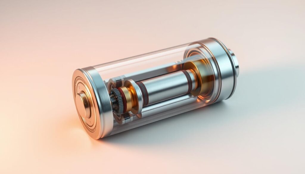 Detailed illustration of factors influencing the shelf life of a battery. Precise technical drawing showcasing the internal components and mechanisms that determine battery longevity when not in use. Cutaway view highlighting key elements like electrode materials, electrolyte composition, and sealing design. Warm lighting from an overhead studio setup accentuates the metallic textures and dynamic cross-sectional perspective. Minimal, clean background allows the battery's intricate engineering to be the central focus. Scientifically accurate yet visually engaging depiction to educate readers on the complex physics behind battery self-discharge and capacity retention.
