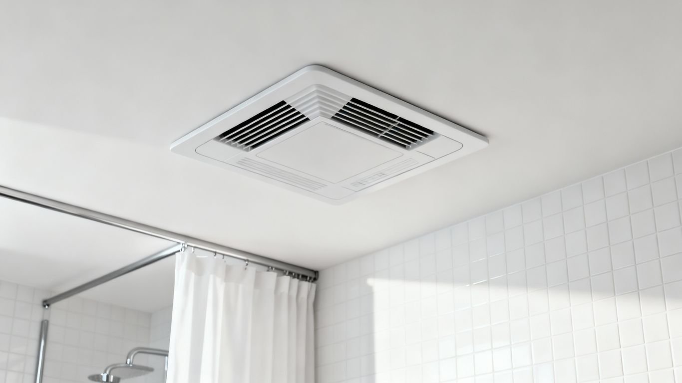 Ventilateur de salle de bain moderne sur un plafond carrelé.
