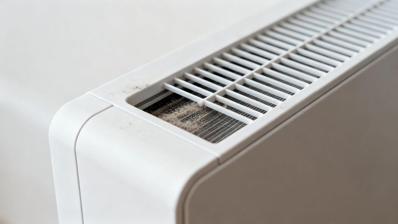 Ventilo convecteur avec filtre visible et détails de l'appareil.