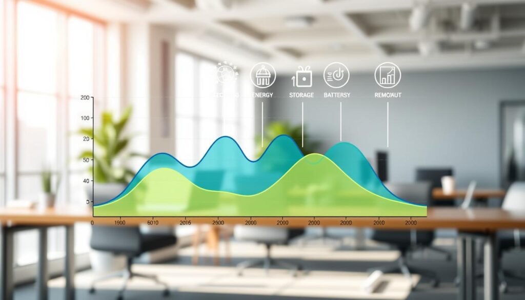 A detailed and technical graphic representing the analysis of a load curve for electricity consumption. In the foreground, a stylized graph showcasing a load curve with varying peaks and troughs, depicted in vibrant colors like blue and green, illustrating consumption over time. The middle ground features digital icons symbolizing key concepts such as self-consumption, energy storage (batteries), and return on investment (ROI). The background consists of a modern office setting with soft, natural lighting, and large windows, conveying a sense of professionalism and focus. The atmosphere is analytical and thoughtful, promoting a sense of mastery and control over energy consumption. The image should not include any text or human figures, maintaining a clean and informative presentation.