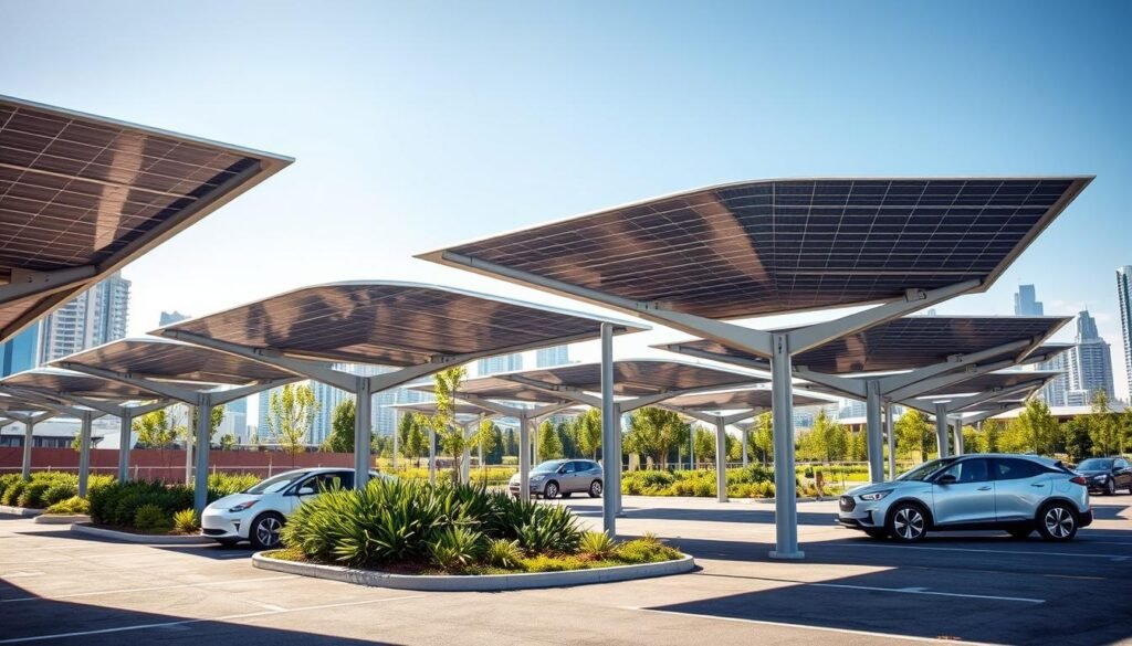 A modern parking lot featuring large, sleek solar panel canopies known as ombrières, in the foreground. The panels are glistening under bright sunlight, efficiently capturing energy, with a few parked electric vehicles visible beneath them. In the middle ground, green landscaping adds an eco-friendly vibe, with native plants and trees enhancing the scene. In the background, an urban skyline looms, showcasing a blend of contemporary architecture and green technology. The lighting is bright and inviting, casting soft shadows that emphasize the clean lines of the ombrières. The overall atmosphere is one of sustainability and innovation, reflecting the theme of renewable energy production with a clear blue sky overhead.