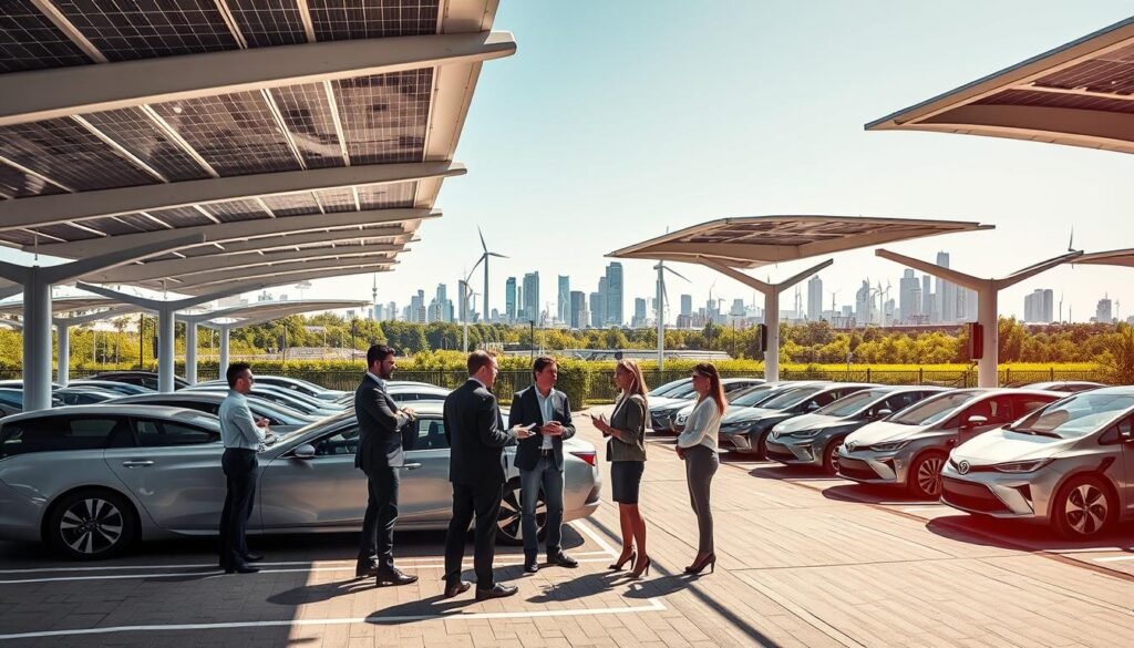 A modern solar parking lot featuring sleek, solar panel canopies that collect sunlight efficiently. In the foreground, a diverse group of professionals in business attire discusses energy consumption strategies, with graphs and digital displays in the air around them. The middle ground showcases numerous electric cars charging under the solar canopies, emphasizing the integration of renewable energy. The background depicts a vibrant city skyline with green spaces and wind turbines, symbolizing a commitment to sustainable energy. The lighting is bright and sunny, casting dynamic shadows, creating a hopeful and forward-looking atmosphere. Shot from a slightly elevated angle to capture both the parking structure and the skyline, highlighting the harmony between urban life and renewable energy solutions. A modern solar parking lot featuring sleek, solar panel canopies that collect sunlight efficiently. In the foreground, a diverse group of professionals in business attire discusses energy consumption strategies, with graphs and digital displays in the air around them. The middle ground showcases numerous electric cars charging under the solar canopies, emphasizing the integration of renewable energy. The background depicts a vibrant city skyline with green spaces and wind turbines, symbolizing a commitment to sustainable energy. The lighting is bright and sunny, casting dynamic shadows, creating a hopeful and forward-looking atmosphere. Shot from a slightly elevated angle to capture both the parking structure and the skyline, highlighting the harmony between urban life and renewable energy solutions.