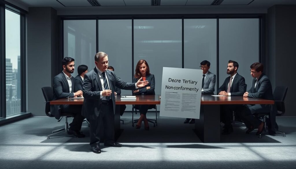 A somber and professional office setting, dominated by a large conference table surrounded by diverse individuals in formal business attire. In the foreground, a stern-looking man gestures to a large document titled 'Decree Tertiary Non-Conformity' with an air of concern. In the middle ground, a woman takes notes, and a couple of colleagues discuss among themselves, their expressions serious and focused. The background features a large window with city views and a subtle gray tone, enhancing the tension of the discussion. Dim lighting emphasizes the mood of gravity and urgency, with sharp shadows cast across the floor, suggesting the weight of regulatory compliance and potential sanctions. The scene depicts the gravity of non-compliance with regulatory measures in a corporate environment.