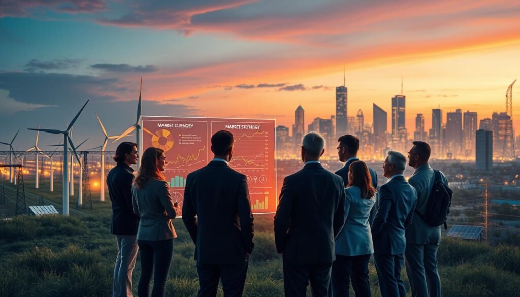 A conceptual illustration representing the regulatory challenges and market evolution of electrical flexibility. In the foreground, a diverse group of professionals in business attire are engaged in a discussion around a digital display showcasing energy graphs and data analytics. The middle ground features a blend of renewable energy sources such as wind turbines and solar panels, symbolizing the shift towards sustainable energy. In the background, a city skyline is illuminated at dusk, highlighting smart grids and energy storage solutions. The lighting is dynamic, with warm tones casting a collaborative atmosphere. The angle is slightly elevated, giving a comprehensive view of the scene, evoking a sense of innovation and forward-thinking in the energy sector.