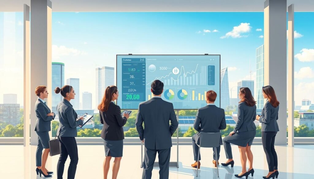 A detailed and professional illustration representing the themes of energy efficiency and economic incentives for the 6th period of the Energy Savings Certificates (CEE) from 2026 to 2030. In the foreground, depict a diverse group of professionals in smart business attire discussing graphs and charts related to energy savings in a modern office setting. In the middle ground, show a large digital screen displaying key data points, energy icons, and futuristic cityscapes symbolizing sustainability. The background features skyscrapers with green roofs and solar panels, under a bright blue sky. Use soft, natural lighting to create a hopeful and progressive atmosphere, suggesting innovation and collaboration. The composition should be dynamic yet focused, without any text or additional distractions.