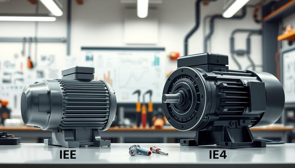 A detailed comparison of IE3 and IE4 electric motors is the central theme of the image. In the foreground, showcase a sleek and modern IE4 motor on the left, with a high-tech design and glossy finish, contrasted by an IE3 motor on the right, displaying a more traditional construction. The motors should be set on a clean, illuminated workbench, with mechanical diagrams and performance graphs subtly integrated next to each motor. In the middle ground, include tools and electrical components to emphasize the technical aspect of the discussion. The background should depict a well-lit workshop environment, subtly hinting at innovation with soft lighting and a clean workspace atmosphere. Ensure the focus remains on the motors, highlighting their differences with a contemporary and professional mood.