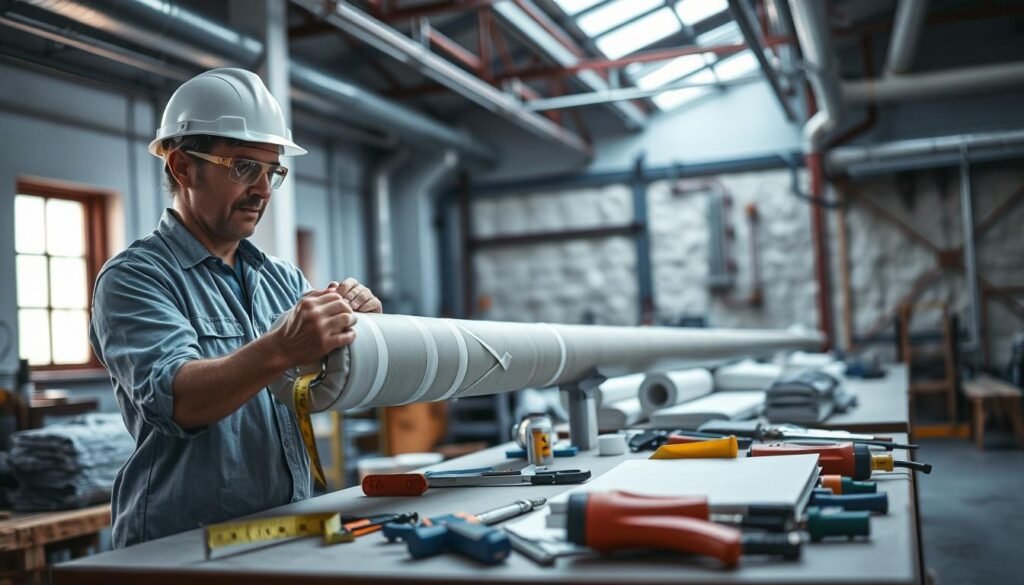 A detailed scene illustrating the stages of thermal insulation for piping. In the foreground, a worker wearing a hard hat and safety goggles is carefully wrapping insulation material around a pipe, showcasing proper technique and tools like a measuring tape and adhesive. The middle ground features various types of insulation materials and tools organized neatly on a workbench. In the background, a well-lit industrial setting with exposed pipes and insulation being installed on walls emphasizes a professional, efficient atmosphere. Soft, natural lighting streams in from windows, creating a clear and focused environment, suggesting productivity and thoroughness. The overall mood is one of diligence and craftsmanship, highlighting the importance of proper insulation in energy efficiency.