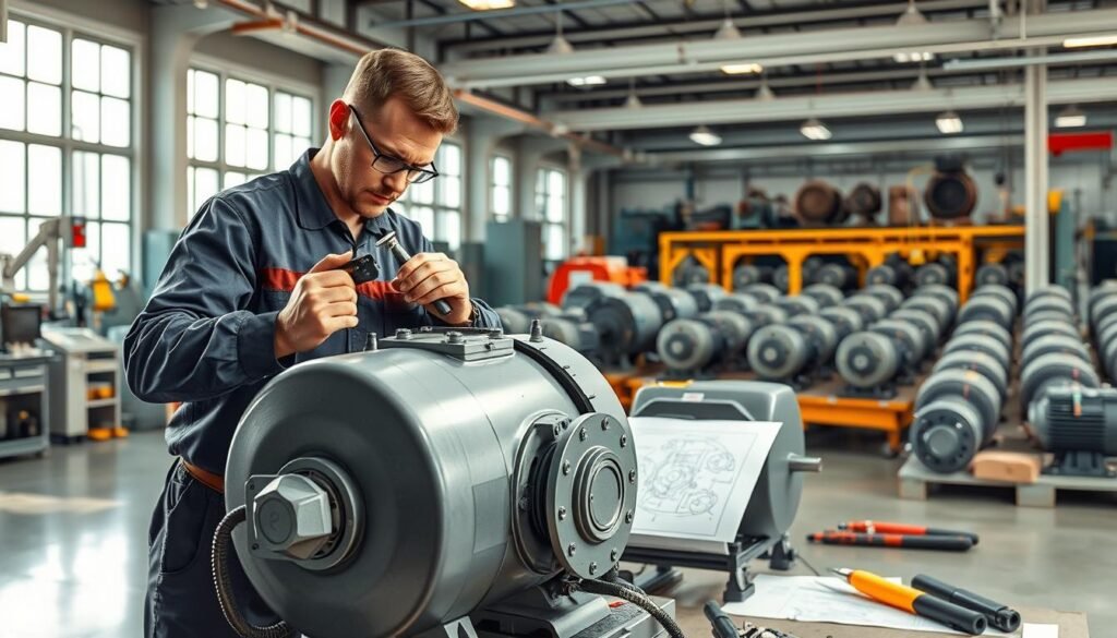 A detailed technical illustration focusing on the installation and maintenance criteria for asynchronous motors. In the foreground, a skilled technician in professional attire inspects a large asynchronous motor, using specialized tools. The middle ground features a well-organized workshop with machinery, equipment, and technical diagrams on a workbench. In the background, an industrial setting with appropriate lighting showcases an array of motors, emphasizing a clean and efficient environment. The scene is well-lit with natural daylight coming through large windows, creating a bright and productive atmosphere. Capture the intricate details of the motor, showcasing its components, wiring, and maintenance tools, to provide a thorough understanding of optimizing installation and upkeep for these essential machines.