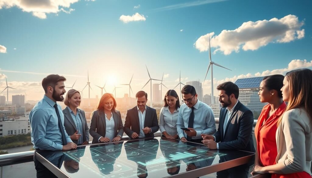 A dynamic energy transition scene in a modern urban environment. In the foreground, diverse professionals in business attire actively engaging in a discussion over renewable energy proposals, surrounding a smart digital table displaying interactive graphs of energy networks. The middle ground features a skyline dotted with wind turbines and solar panels integrated into buildings, symbolizing innovation. In the background, a clear blue sky illuminated by soft sunlight, with clouds reflecting hues of green to symbolize sustainability. The mood is optimistic and collaborative, emphasizing the importance of technological advancement in energy. Capture with a wide-angle lens to encompass the full scope of this vibrant energy ecosystem, highlighting both the individuals and the renewable infrastructure harmoniously integrating with nature. A dynamic energy transition scene in a modern urban environment. In the foreground, diverse professionals in business attire actively engaging in a discussion over renewable energy proposals, surrounding a smart digital table displaying interactive graphs of energy networks. The middle ground features a skyline dotted with wind turbines and solar panels integrated into buildings, symbolizing innovation. In the background, a clear blue sky illuminated by soft sunlight, with clouds reflecting hues of green to symbolize sustainability. The mood is optimistic and collaborative, emphasizing the importance of technological advancement in energy. Capture with a wide-angle lens to encompass the full scope of this vibrant energy ecosystem, highlighting both the individuals and the renewable infrastructure harmoniously integrating with nature.