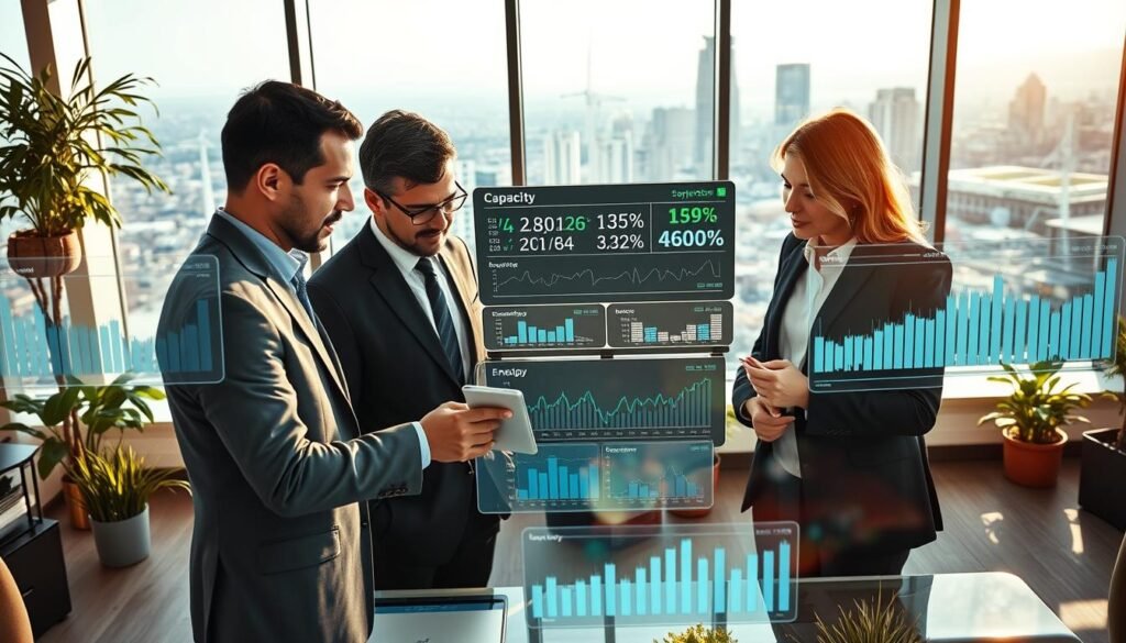 A dynamic scene depicting a bustling electricity capacity market, with business professionals in suits engaged in discussions over digital displays and charts. In the foreground, a diverse group of three individuals—two men and one woman—analyzing data projections on a tablet, with expressions of focus and determination. In the middle ground, sleek digital interfaces showcase fluctuating capacity statistics and energy supply figures, surrounded by modern office furniture and plants, creating an engaging work environment. The background features a panoramic window with a city skyline, bathed in warm afternoon sunlight that filters through, casting a professional yet inviting atmosphere. Emphasize clarity in data visualization and the modern business setting.