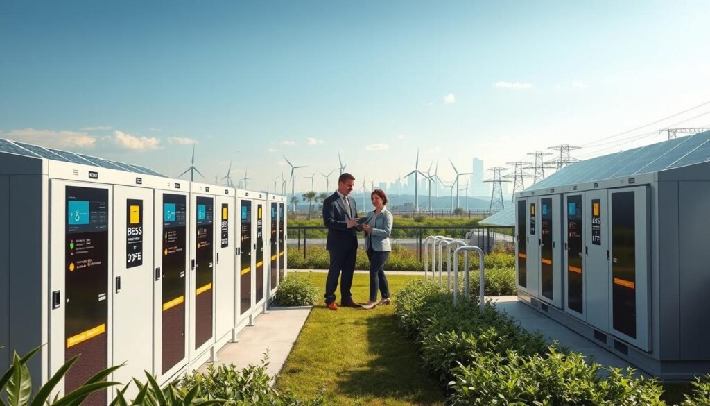 A futuristic energy storage facility featuring advanced Battery Energy Storage Systems (BESS) at the center. In the foreground, sleek BESS units with glowing indicators and high-tech interfaces are showcased, surrounded by green landscaping and solar panels. The middle ground features engineers in professional attire discussing data on digital tablets, symbolizing collaboration and innovation in smart grid technology. In the background, a skyline of a modern city is visible, with wind turbines and distant power lines, under a bright, clear sky suggesting a positive future for sustainable energy. Soft, natural lighting enhances the scene, creating a hopeful and engaging atmosphere focused on energy integration and innovation. Aim for a wide-angle perspective to capture the depth and complexity of the energy solutions.