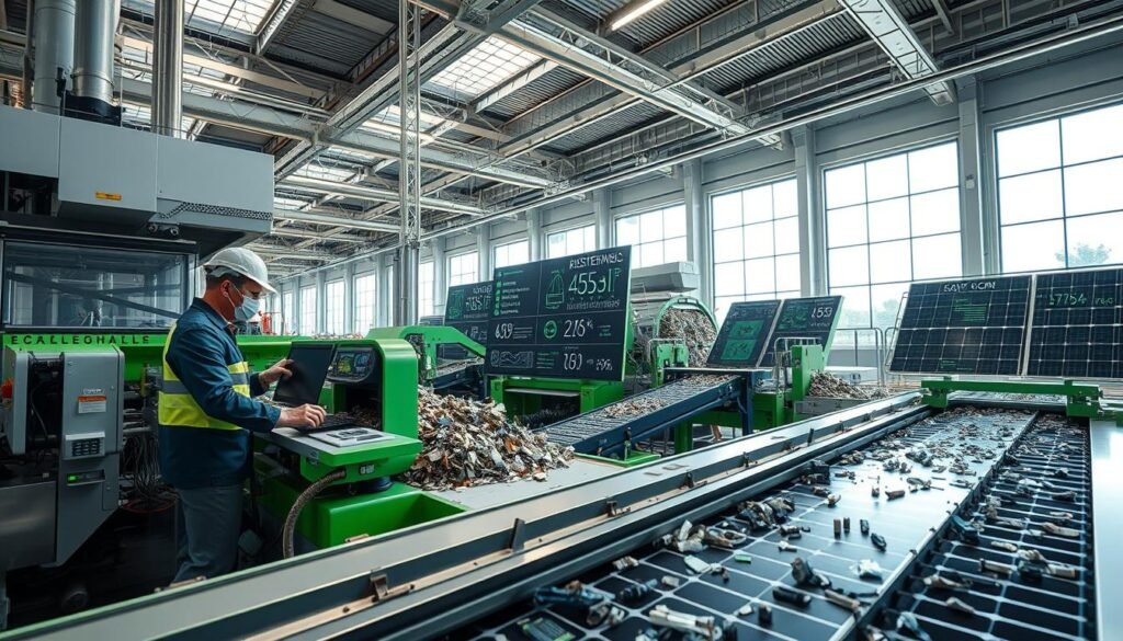 A futuristic recycling facility focusing on solar panel waste processing, showcasing advanced technologies and innovations. In the foreground, a worker in professional attire is operating sophisticated machinery that efficiently dismantles solar panels, revealing various reusable materials like glass, silicon, and metals. The middle ground features conveyor belts transporting shredded components, with panels displaying visual data on recycling rates and material recovery. In the background, large windows allow natural light to flood the space, illuminating a bright, clean, and organized environment. The atmosphere conveys a sense of progress and sustainability, with a color palette of green and blue tones suggesting eco-friendliness and technological advancement. The angle captures the dynamic movement of recycling processes, emphasizing innovation and environmental responsibility.