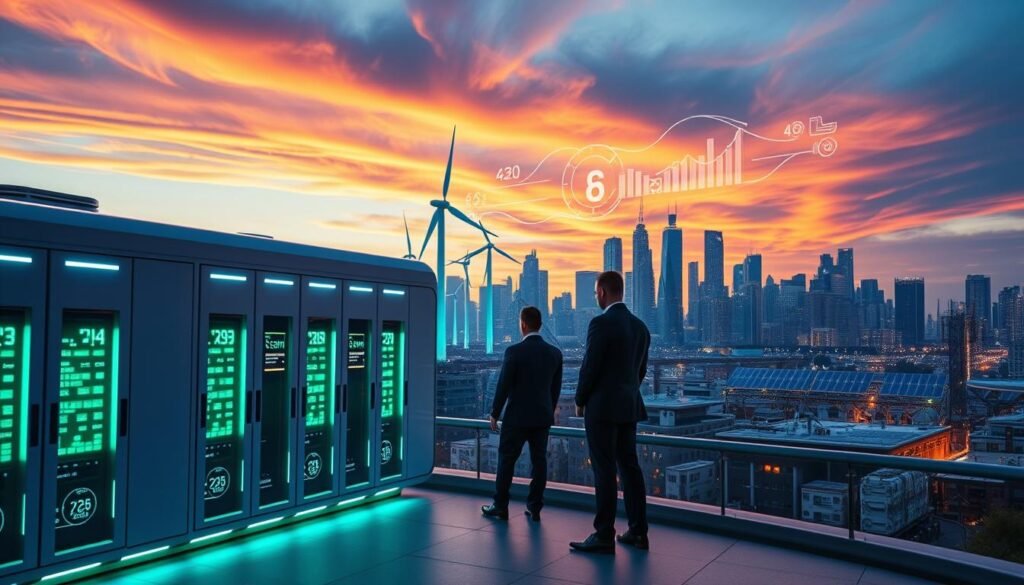 A futuristic urban landscape that showcases advanced technological solutions for smart grid energy storage. In the foreground, a sleek, modern battery storage facility glows with soft blue and green lighting, symbolizing energy efficiency. Engineers in professional business attire collaborate around digital displays showcasing energy metrics. The middle ground features wind turbines and solar panels integrated into a vibrant city skyline, with dynamic energy flow visualizations in the air demonstrating energy distribution. The background displays a sunset sky with streaks of orange and purple, creating a hopeful atmosphere. The overall mood is one of innovation and sustainability, highlighting the intersection of renewable energy and smart technology in urban settings. The composition should be dynamic, with a focus on clean lines and modern architecture, captured with a wide-angle lens for depth.