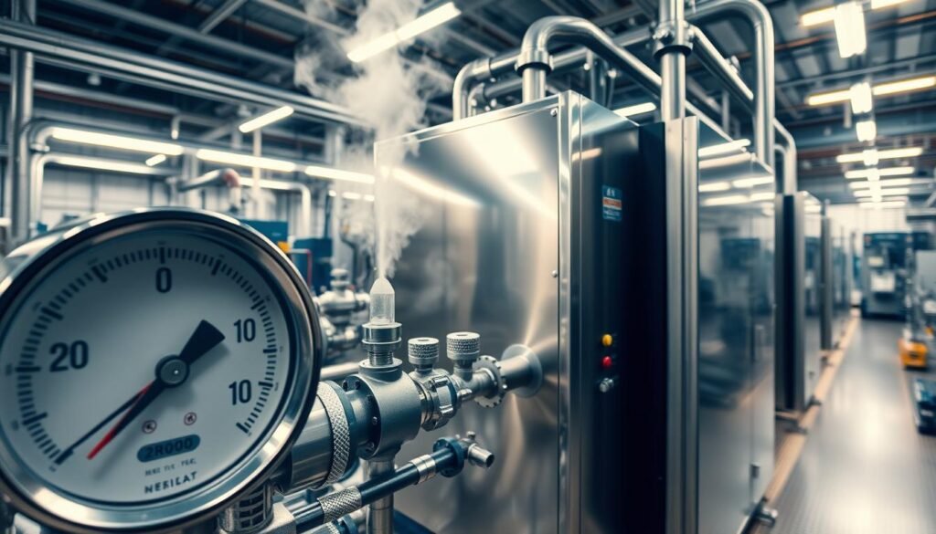 A high-tech industrial setting showcasing an electric boiler system in action. In the foreground, a close-up of a sleek, digital pressure gauge displays precise measurements, with steam visibly rising around it. The middle ground features a robust electric boiler unit, gleaming metallic surfaces reflecting soft fluorescent lighting, with clearly labeled valves and pipes emphasizing its technological sophistication. In the background, an expansive industrial environment shows other equipment and machinery, with a subtle hint of vapor permeating the air, enhancing the sense of process. The overall mood is one of efficiency and modern engineering, with cool, bright colors dominating the palette, capturing the essence of technical excellence and optimization in industrial applications.