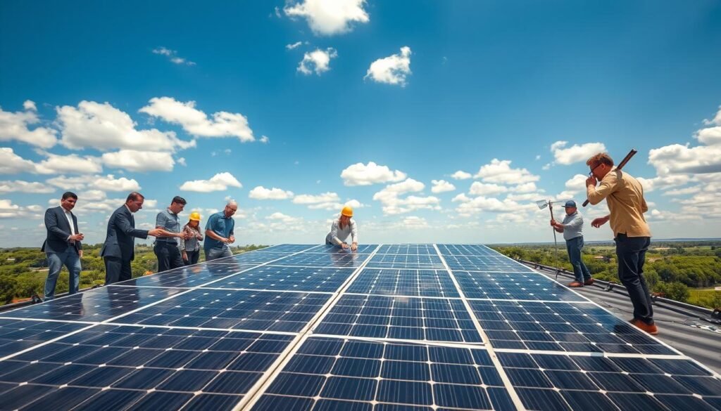 A highly detailed image of a solar panel installation optimized for maximum energy production. In the foreground, a diverse team of professionals in business attire, including engineers and technicians, are adjusting solar panels on a rooftop. The middle ground features an array of solar panels, reflecting sunlight, with a clear view of different panel types: monocrystalline, TOPCon, and bifacial panels, showcasing their varied designs and setups. In the background, a bright blue sky with scattered clouds contrasts against the green landscape below, emphasizing the reliance on renewable energy. The lighting is bright and warm, creating an atmosphere of innovation and sustainability, captured from a slight low angle to emphasize the solar panels and the teamwork involved in their installation and optimization.