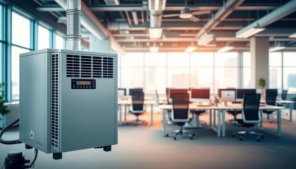A modern air destratification system installed in a spacious office environment, showcasing its sleek and efficient design. In the foreground, highlight the destratifier unit with clear details of its control panel, vents, and airflow direction. The middle ground features a well-lit, open office space with desks and ergonomic chairs, emphasizing a comfortable work environment. In the background, large windows allow natural light to flood the room, creating a bright and inviting atmosphere. The lighting should be soft and warm, enhancing the professional setting. Capture the benefits of increased airflow and improved temperature distribution, conveying a sense of efficiency and productivity in the workplace. Avoid any human figures for a clean and focused image.