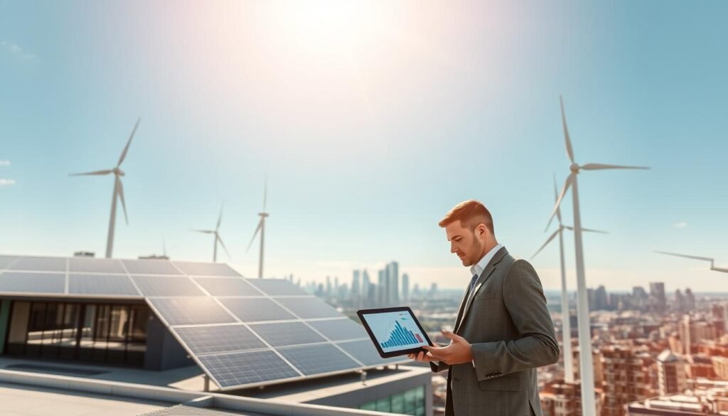 A modern architectural office space showcasing the integration of renewable energy sources and energy consumption monitoring. In the foreground, a professional in business attire examines digital graphs on a tablet, illustrating energy consumption trends. The midground features sleek solar panels on the roof and vertical wind turbines on the building's facade, symbolizing sustainability. The background displays an expansive city skyline under a bright blue sky, with the sun casting warm light, highlighting the green building's eco-friendly design. The atmosphere is inspiring and forward-thinking, conveying a commitment to energy efficiency. Use natural lighting to enhance the clarity and detail of the scene, capturing a dynamic perspective with a slight upward angle to emphasize the renewable technologies.