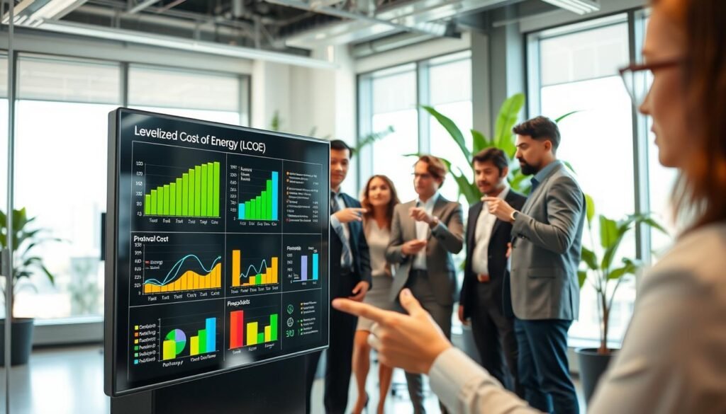 A modern, corporate setting showcasing a detailed comparison of Levelized Cost of Energy (LCOE) across photovoltaic, wind, and other energy sources. In the foreground, a sleek digital screen displays vibrant graphs and charts highlighting cost comparisons, with clear distinctions in colors for each energy type. In the middle ground, a diverse group of professionals, dressed in business attire, engage in discussion while pointing at the screen, ensuring an inclusive representation. The background features large windows letting in natural light, illuminating a bright office environment with hints of green plants. The atmosphere is collaborative and forward-thinking, emphasizing innovation in energy solutions. Use a wide-angle lens to capture the room's dynamic energy, focusing on clarity and professionalism.