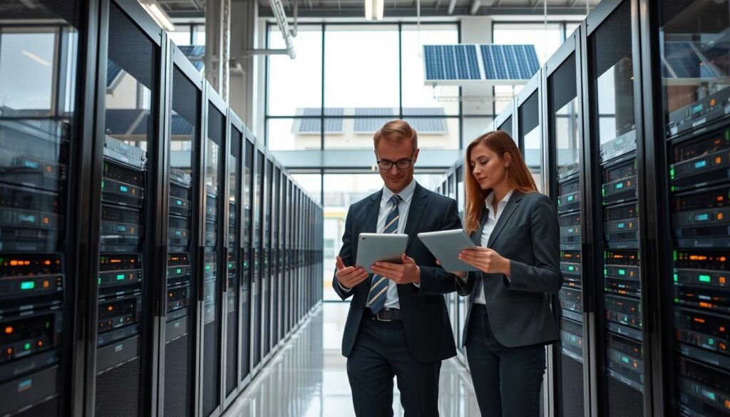 A modern data center showcasing advanced technology for public organizations. In the foreground, a group of three professionals in business attire are engaged in discussion, analyzing data on tablets. The middle section features rows of sleek, high-tech server racks with blinking LEDs, emphasizing energy efficiency with visible eco-friendly labels. In the background, large windows provide natural light streaming in, highlighting solar panels on the roof. Use a wide-angle lens to capture the expanse of the space, with a slight tilt to add dynamism. The atmosphere is bright and collaborative, suggesting progress and innovation in energy efficiency practices. A modern data center showcasing advanced technology for public organizations. In the foreground, a group of three professionals in business attire are engaged in discussion, analyzing data on tablets. The middle section features rows of sleek, high-tech server racks with blinking LEDs, emphasizing energy efficiency with visible eco-friendly labels. In the background, large windows provide natural light streaming in, highlighting solar panels on the roof. Use a wide-angle lens to capture the expanse of the space, with a slight tilt to add dynamism. The atmosphere is bright and collaborative, suggesting progress and innovation in energy efficiency practices.